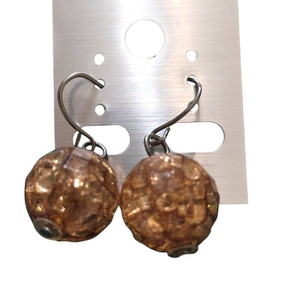 Pierced Earrings Vintage Artisan Crackled Glass Beads Gunmetal Tone SKU2398 - Picture 1 of 5